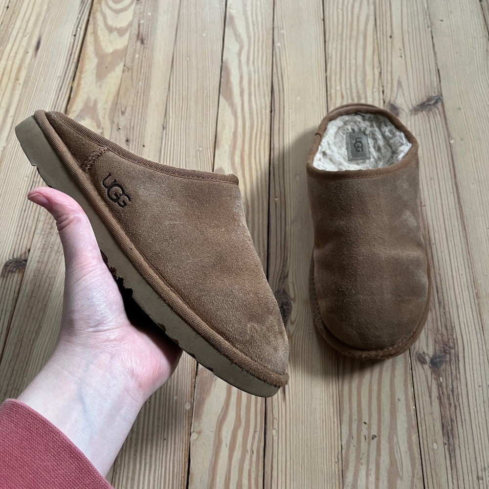 UGG Scuff Slipper womens 8 Chestnut Brown Suede Sheepskin Lining Slip On Mule
